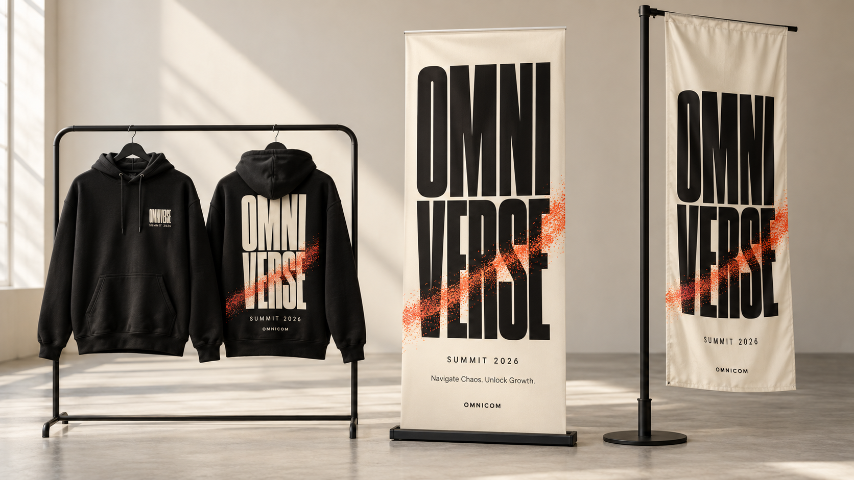 Omniverse hoodie voor en achter, ivory banner en vlag