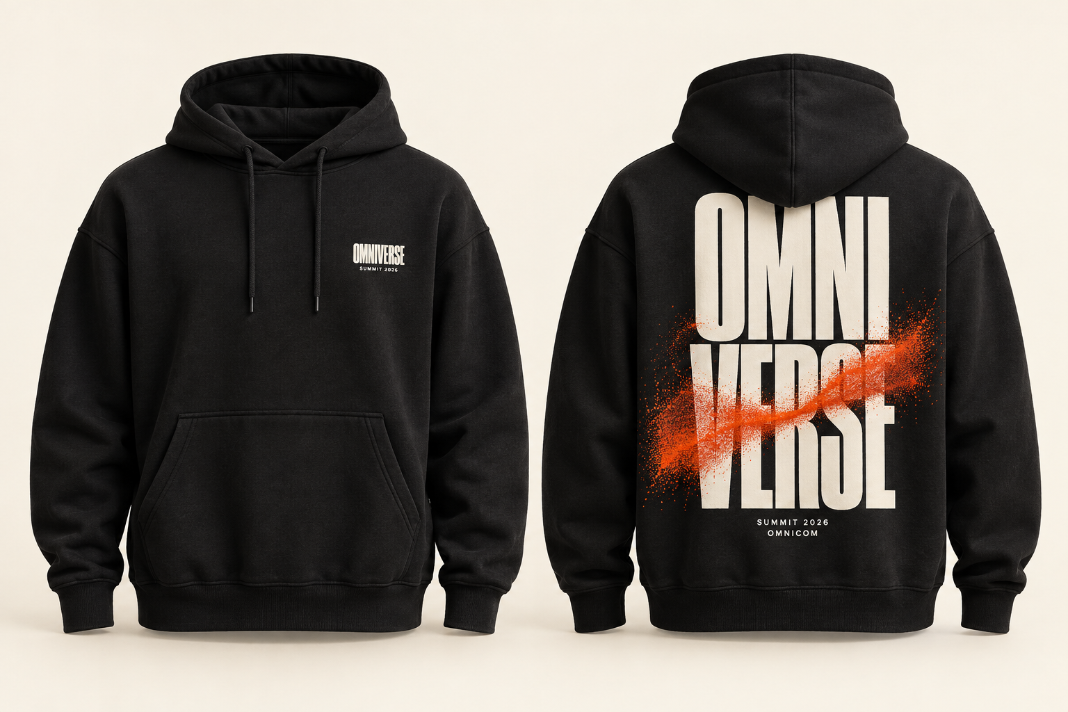 Zwarte Omniverse hoodie met klein borstlogo en grote rugprint
